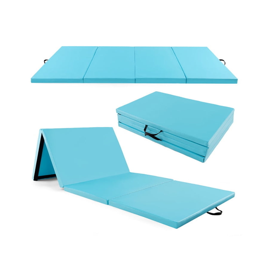 Hommoo Gymnastics Mat Exercise Tumbling Mat,4-Panel PU Leather Folding Exercise Mat with Carrying Handles-Blue Image 1