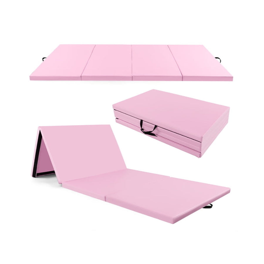 Hommoo Gymnastics Mat Exercise Tumbling Mat,4-Panel PU Leather Folding Exercise Mat with Carrying Handles-Pink Image 1