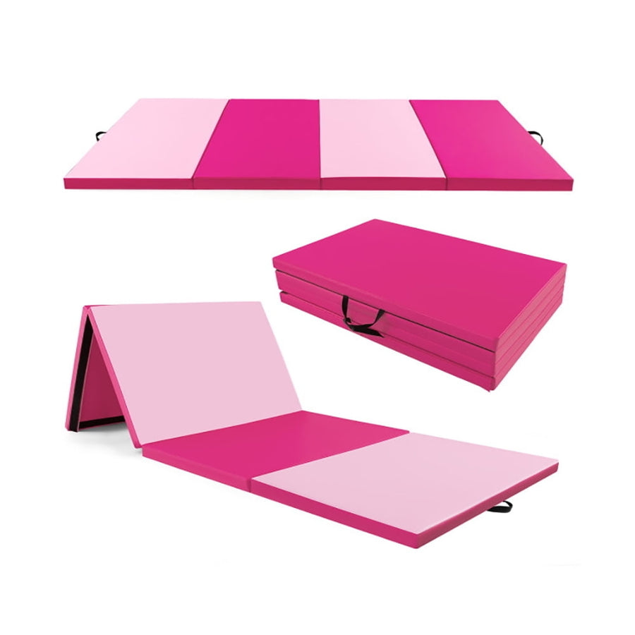 Hommoo Gymnastics Mat Exercise Tumbling Mat,4-Panel PU Leather Folding Exercise Mat with Carrying Handles-Hot Pink Image 1