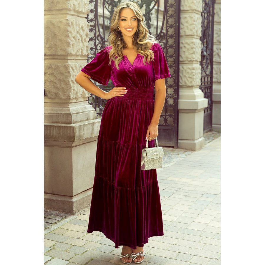 Katherine Velvet Short Sleeve Shirred Waist Tiered Dress Image 1