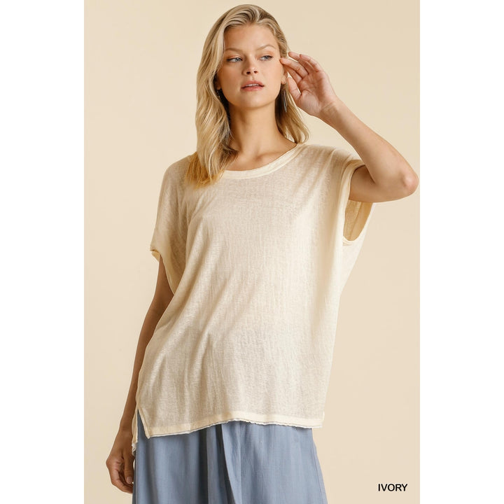 Short Sheer Dolman Sleeve Scoop Neck Top With Side Slit Image 1