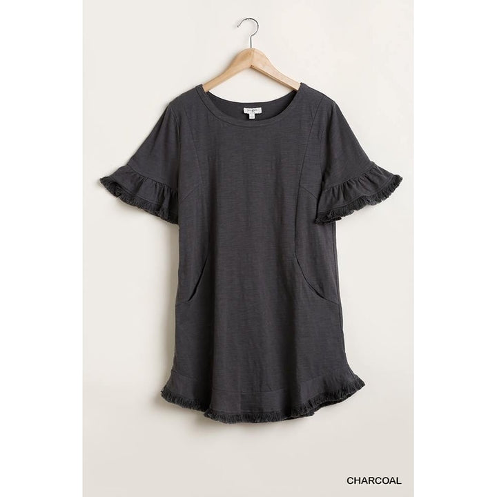 Short Ruffle Frayed Hem And Round Neck Dress With Pockets Image 1