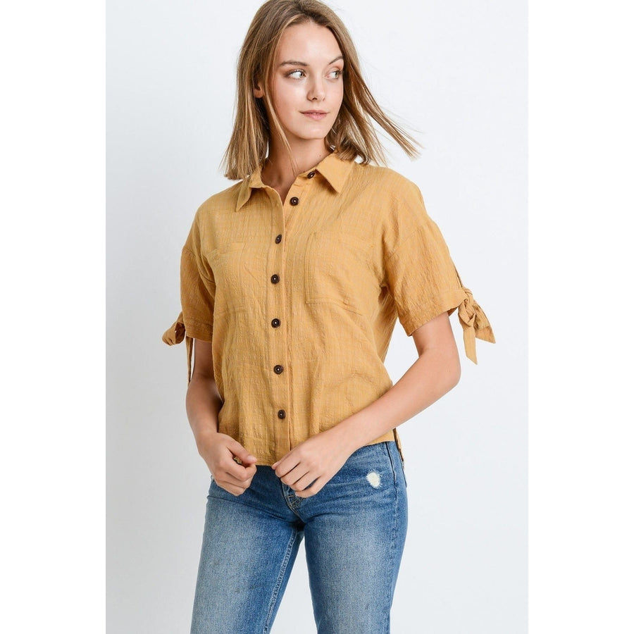 Short Sleeve Button Up Top With Tie Sleeve Image 1