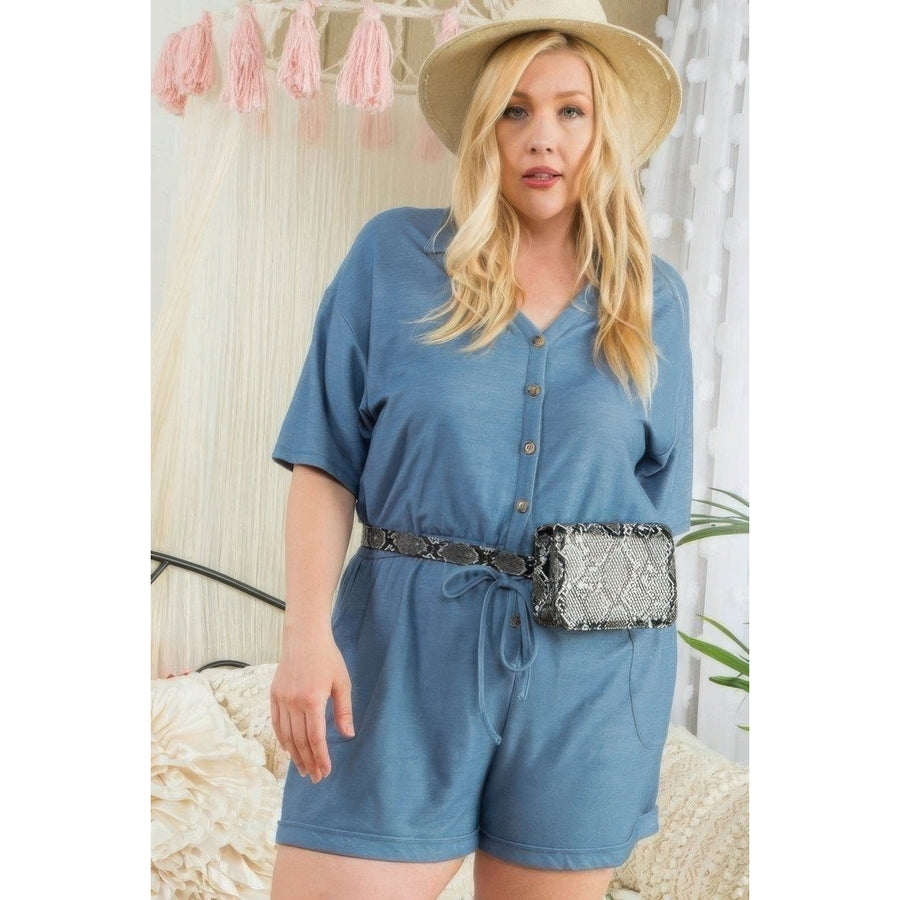 Short Sleeve Collar V Neck Waist Elastic Side Pocket Button Down Knit Romper Image 1