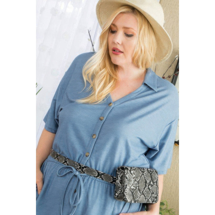 Short Sleeve Collar V Neck Waist Elastic Side Pocket Button Down Knit Romper Image 3