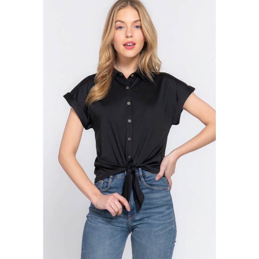 Short Slv Front Tie Stretch Ity Top Image 1