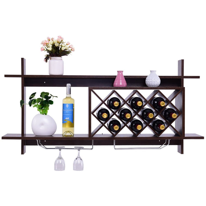 Hommoo Wall Mount Wine Rack with Glass Holder and Storage Shelf-Walnut Wine Storage Racks Bar Cabinet for Kitchen Dining Image 2