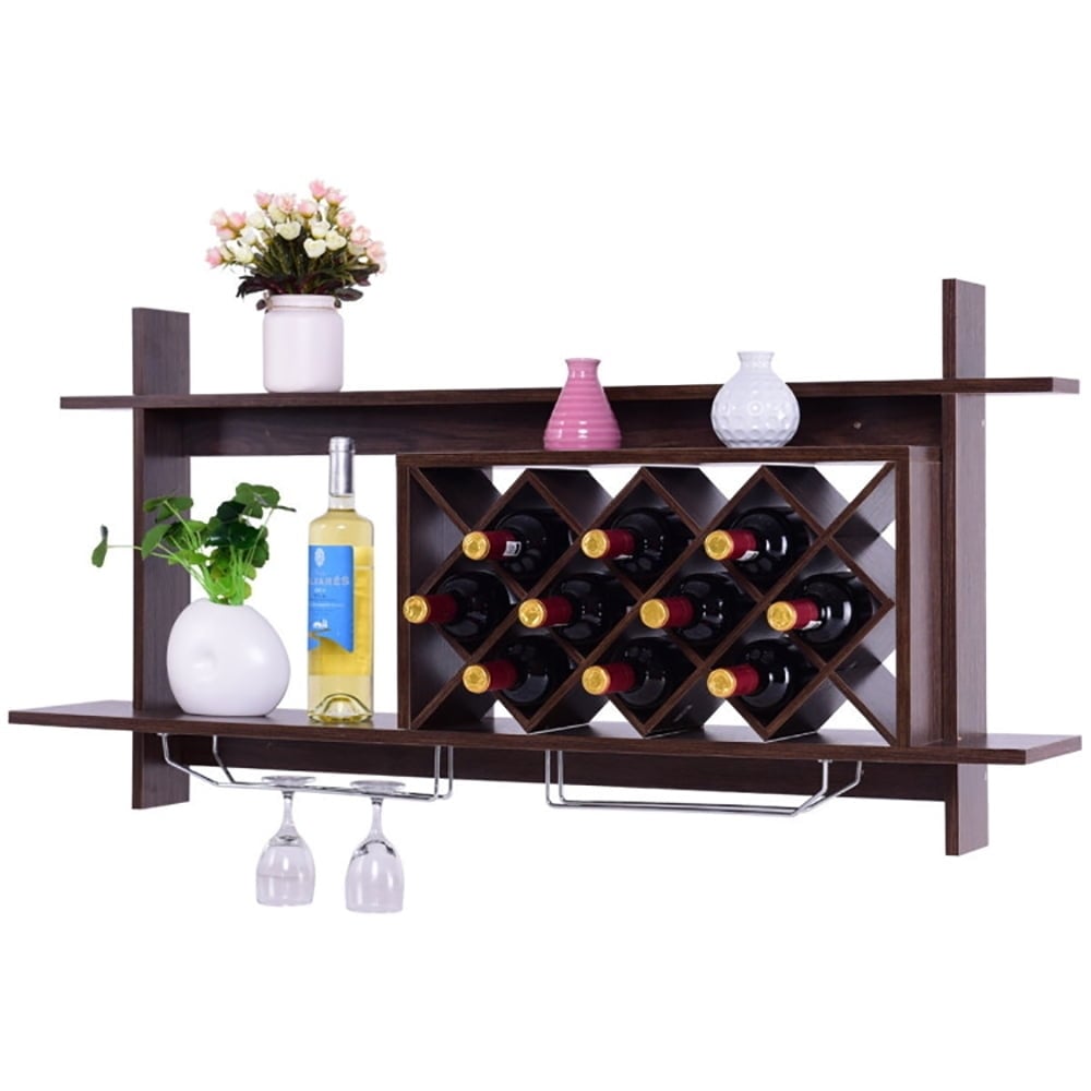 Hommoo Wall Mount Wine Rack with Glass Holder and Storage Shelf-Walnut Wine Storage Racks Bar Cabinet for Kitchen Dining Image 4