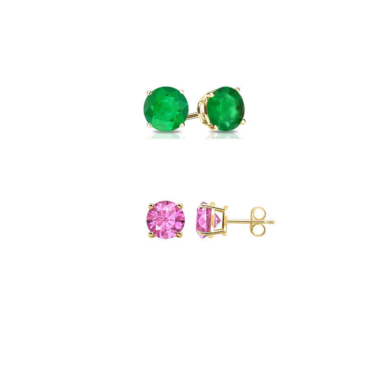 Paris Jewelry 18k Yellow Gold 1/2Ct Created Emerald and Pink Sapphire 2 Pairs Round Stud Earrings Plated Image 1