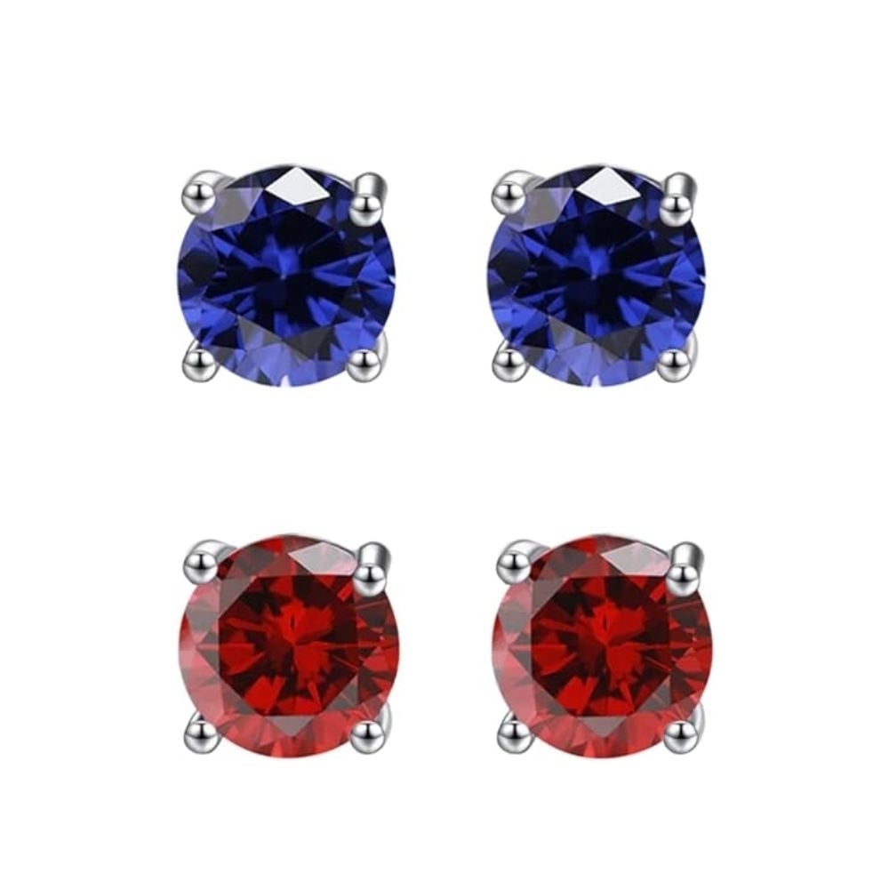 Paris Jewelry 24k White Gold 1Ct Created Blue Sapphire and Ruby 2 Pairs Round Stud Earrings Plated Image 1