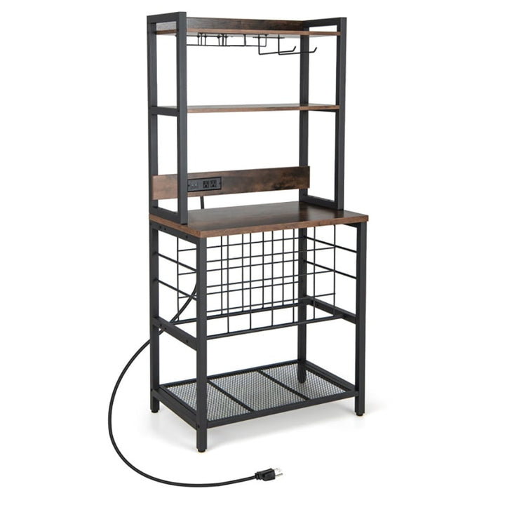 Hommoo Wine Bar Cabinet Wine Rack with 4 Tier Storage Shelves and Glass Holders-Brown Image 1