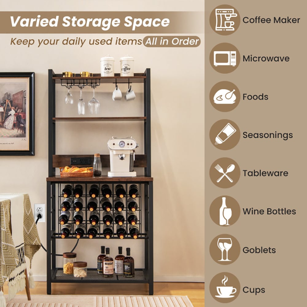 Hommoo Wine Bar Cabinet Wine Rack with 4 Tier Storage Shelves and Glass Holders-Brown Image 3