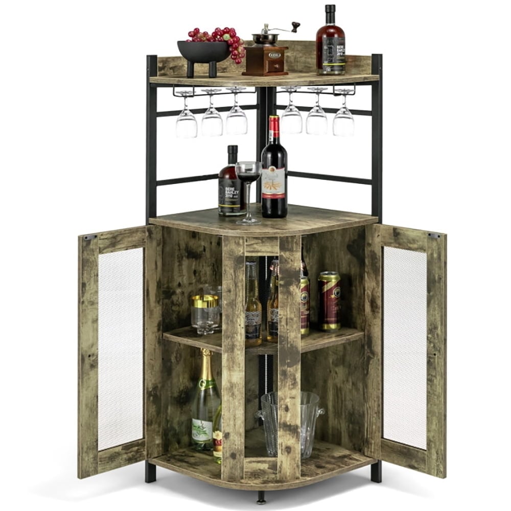 Hommoo Industrial Corner Bar Cabinet with Glass Holder and Adjustable Shelf-Taupe Wine Storage Racks Bar Cabinet for Image 2