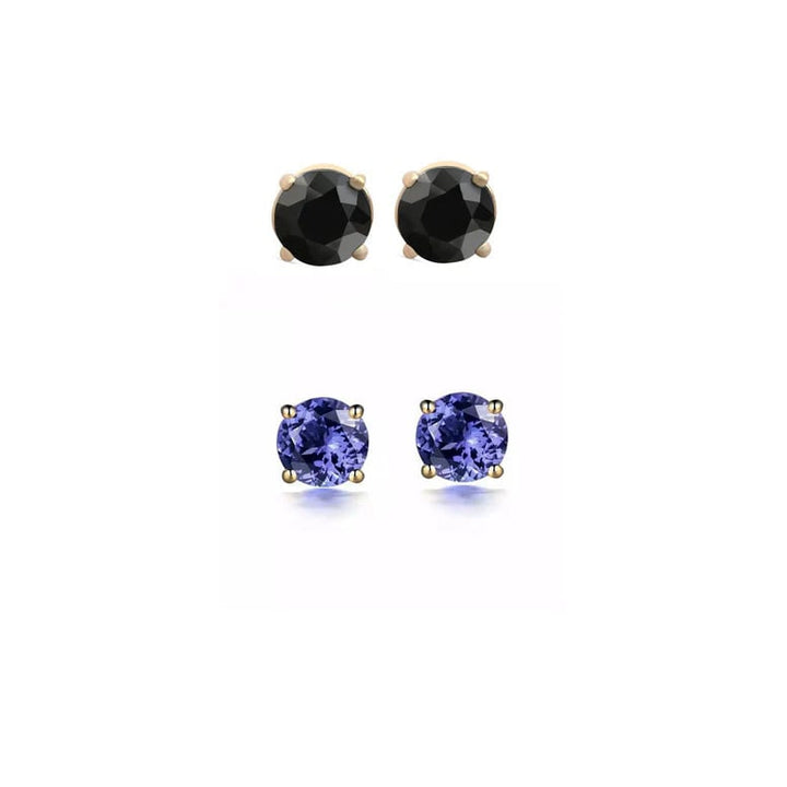 18k Yellow Gold 1/2Ct Created Black Sapphire and Tanzanite 2 Pairs Round Stud Earrings Plated Paris Jewelry Image 1