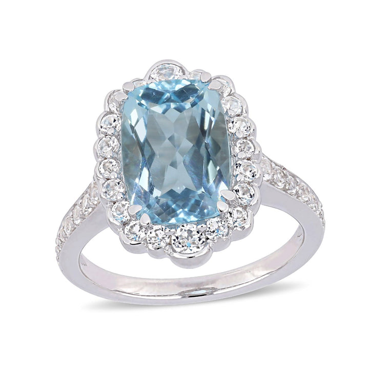 5.89 Carat (ctw) Blue and White Topaz Halo Ring in Sterling Silver Image 1