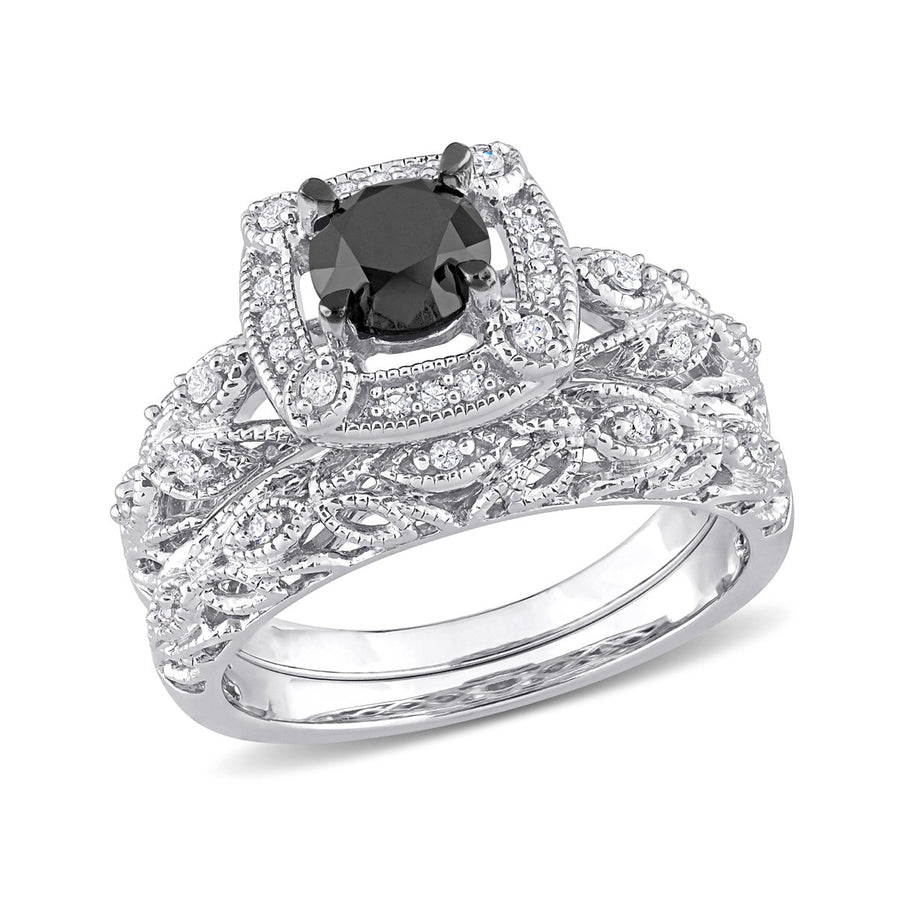 1.16 Carat (ctw) Black and White Diamond Engagement Ring and Wedding Band Set in Sterling Silver Image 1