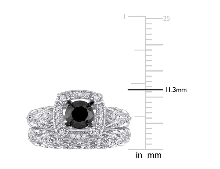 1.16 Carat (ctw) Black and White Diamond Engagement Ring and Wedding Band Set in Sterling Silver Image 3