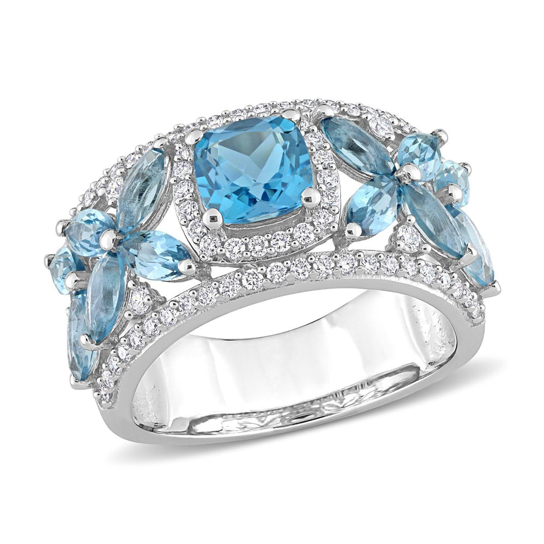 3.50 Carat (ctw) London Blue Topaz Flower Band Ring in 14K White Gold with Diamonds Image 1