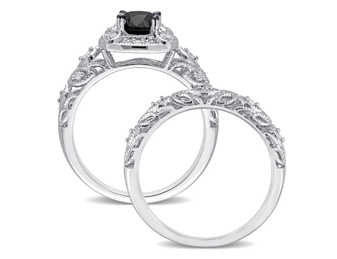 1.16 Carat (ctw) Black and White Diamond Engagement Ring and Wedding Band Set in Sterling Silver Image 4