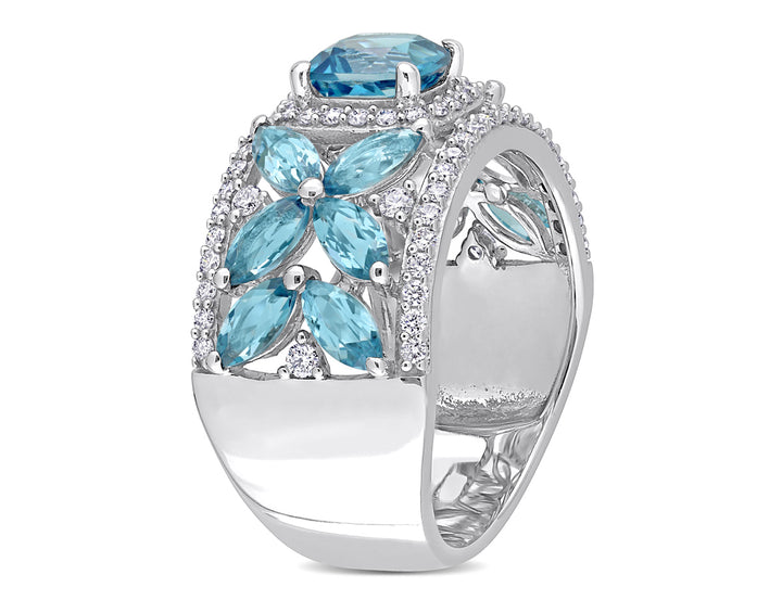 3.50 Carat (ctw) London Blue Topaz Flower Band Ring in 14K White Gold with Diamonds Image 2