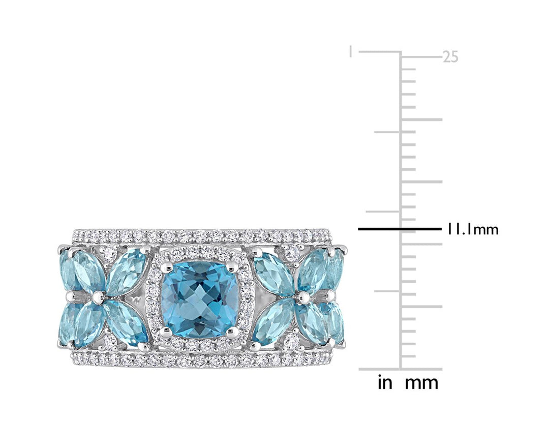 3.50 Carat (ctw) London Blue Topaz Flower Band Ring in 14K White Gold with Diamonds Image 3