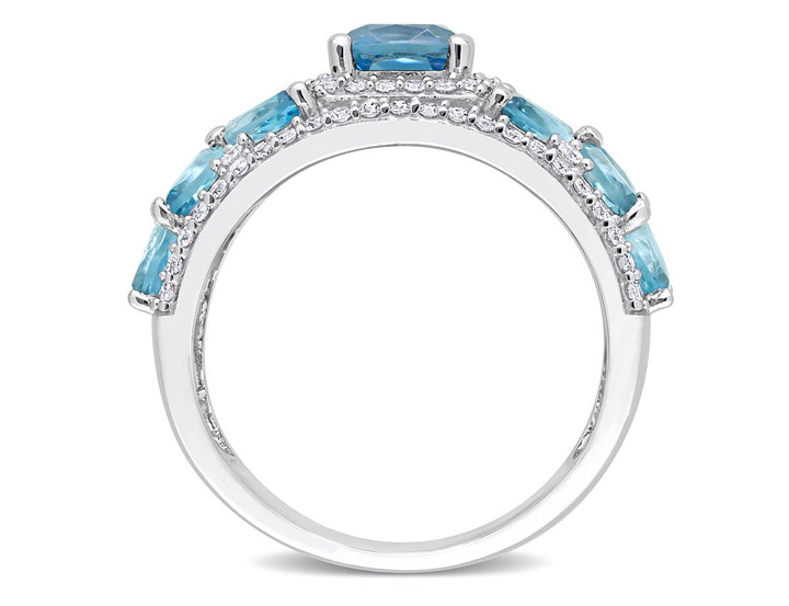 3.50 Carat (ctw) London Blue Topaz Flower Band Ring in 14K White Gold with Diamonds Image 4