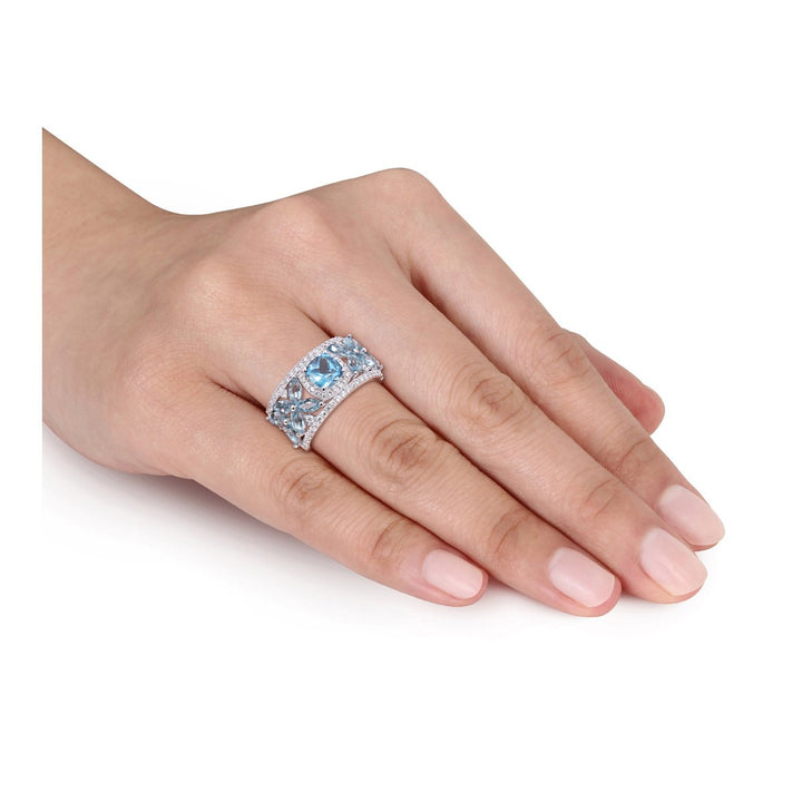 3.50 Carat (ctw) London Blue Topaz Flower Band Ring in 14K White Gold with Diamonds Image 4