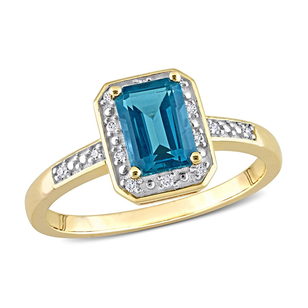 1.20 Carat (ctw) Emerald-Cut London Blue Topaz Ring in 14K Yellow Gold with Diamonds Image 1