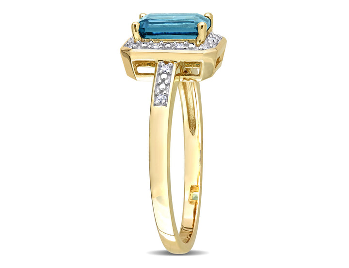 1.20 Carat (ctw) Emerald-Cut London Blue Topaz Ring in 14K Yellow Gold with Diamonds Image 2