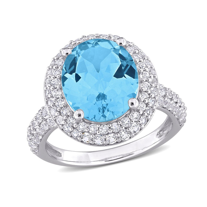 6.99 Carat (ctw) Sky Blue Topaz and White Topaz Halo Ring in Sterling Silver Image 1