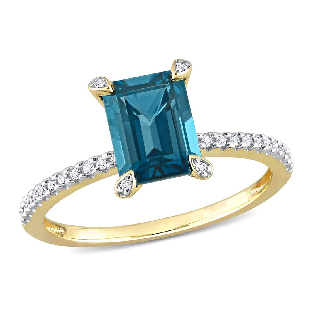 1.97 Carat (ctw) Emerald-Cut London Blue Topaz Ring in 14K Yellow Gold with Diamonds Image 1