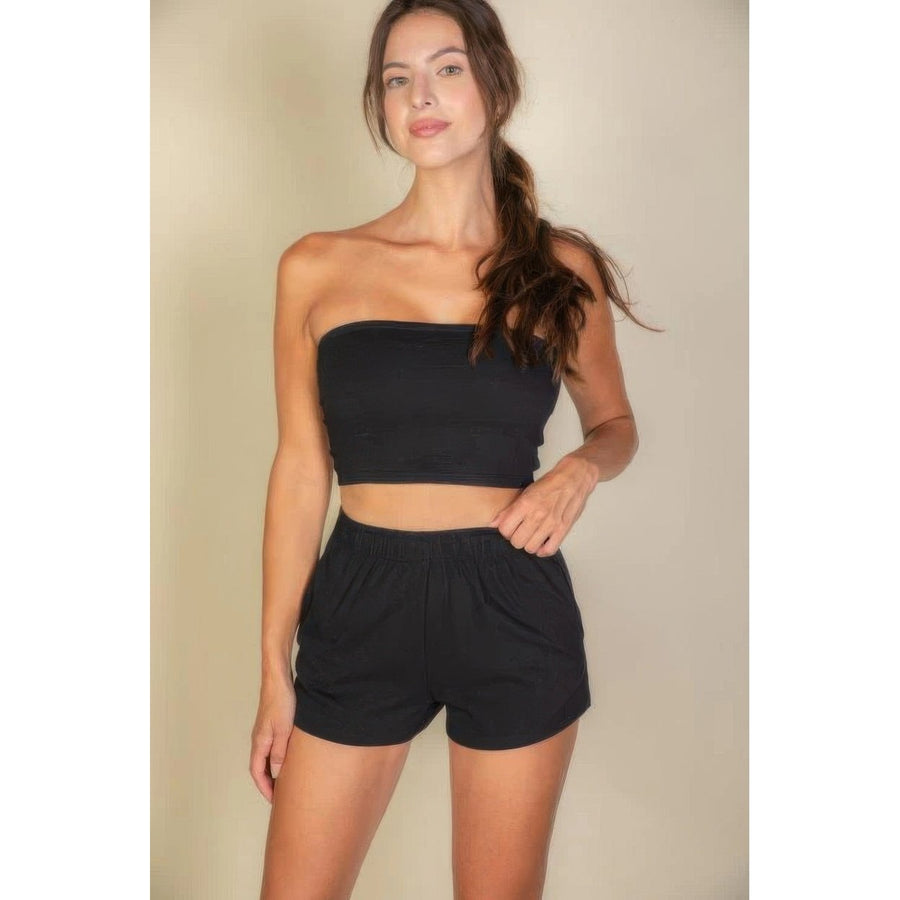 Simple Solid Color Tube Top And Shorts Two Piece Set Image 1