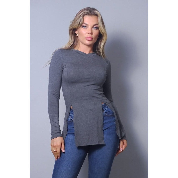 Sleek and Chic Fall Long Sleeve Slitted Top Image 1