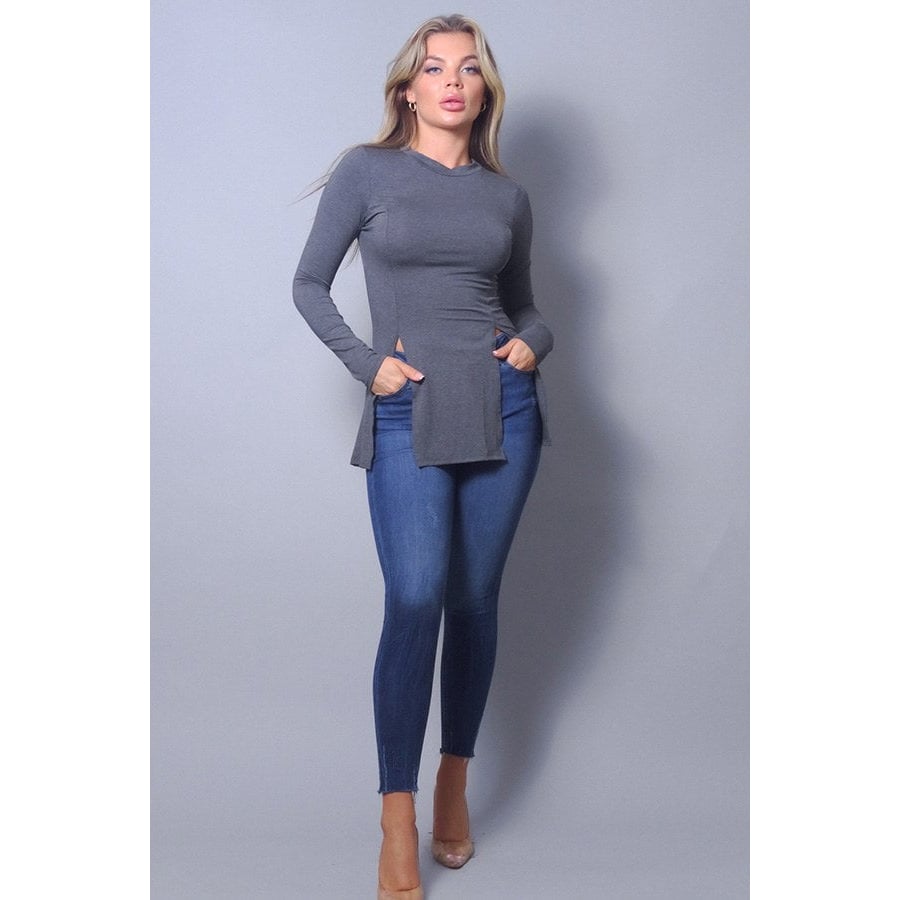 Sleek and Chic Fall Long Sleeve Slitted Top Image 2