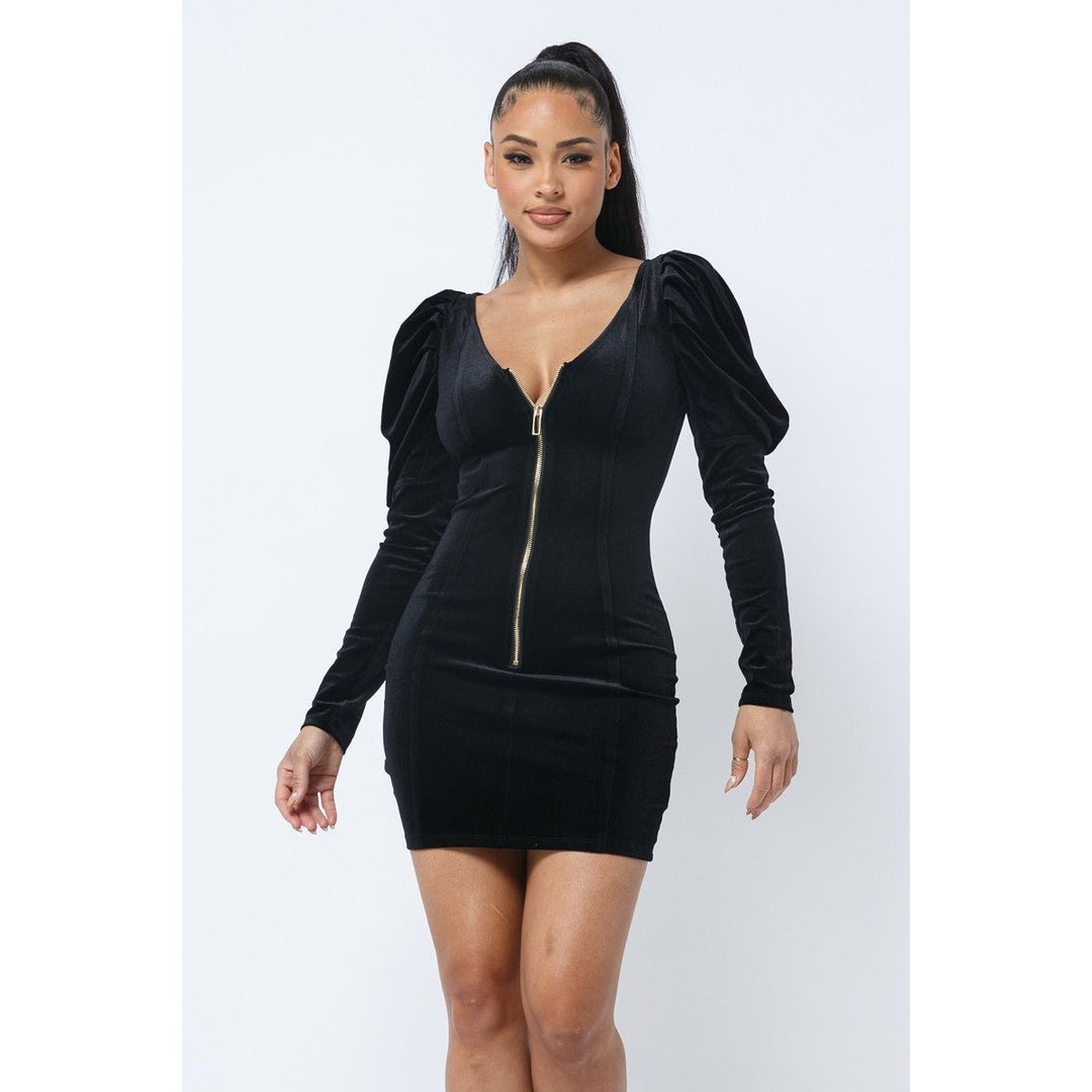 Soft Velvet Pleated Puff Sleeve Low V Neck Front And Back Mini Dress Image 1