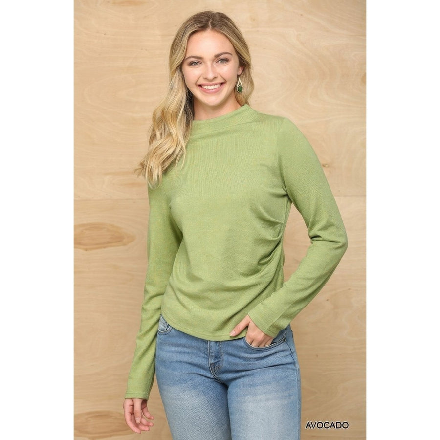 Solid And Cozy Soft Knit Mock Neck Top With Side Ruched Detail Image 1