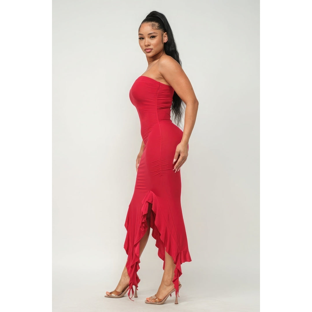 Solid Bottom Ruffle Trim Hem Slit Tube Maxi Dress Image 3