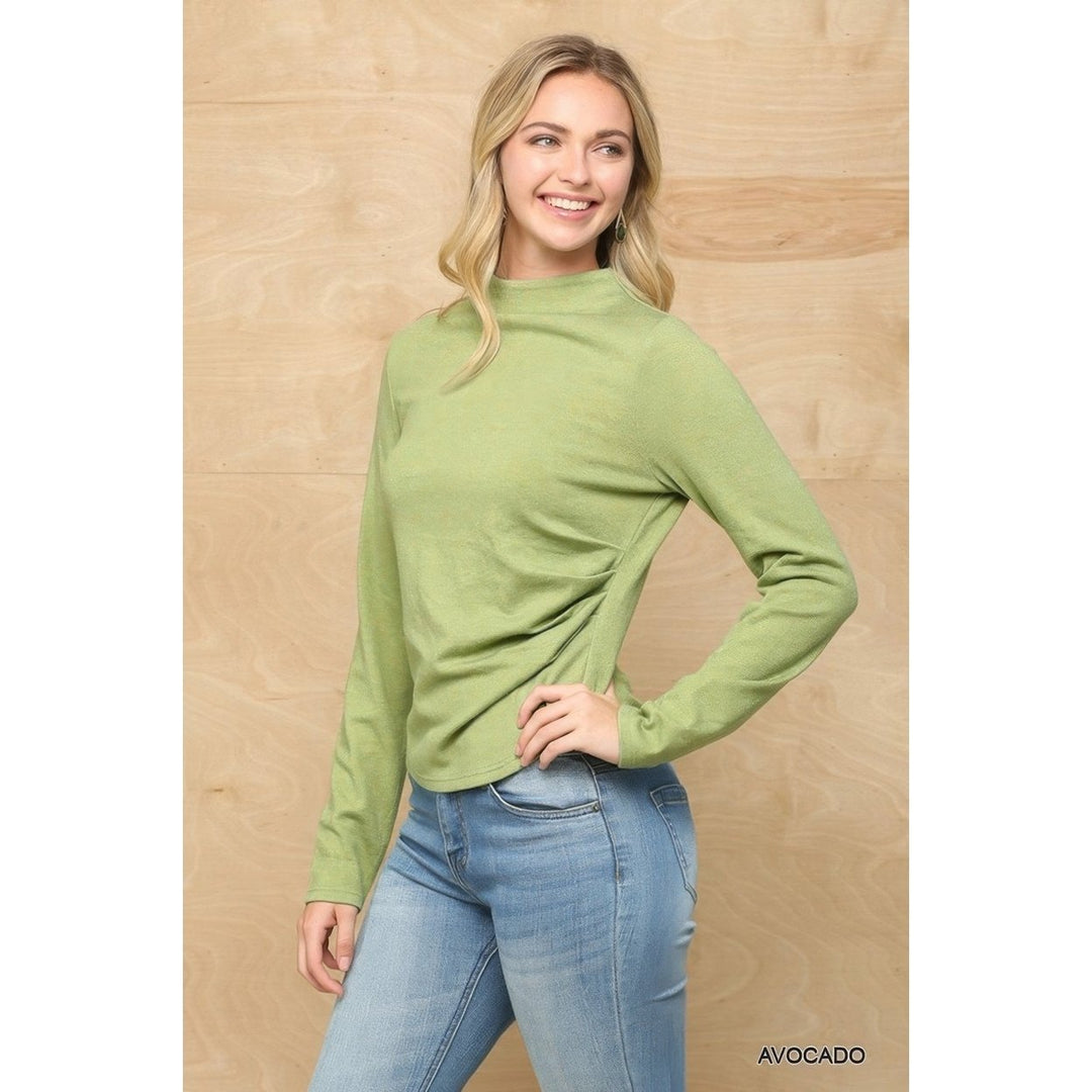 Solid And Cozy Soft Knit Mock Neck Top With Side Ruched Detail Image 3