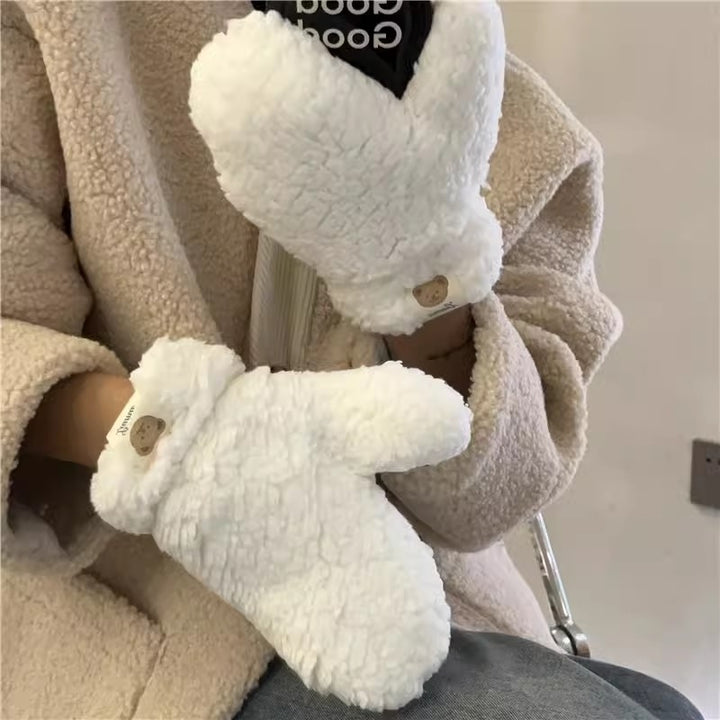 Kawaii Plush Warm Gloves Soft Winter Thick Fingerless Korean Japanese Bear Gloves with Ropes Casual Outdoor Riding Image 2