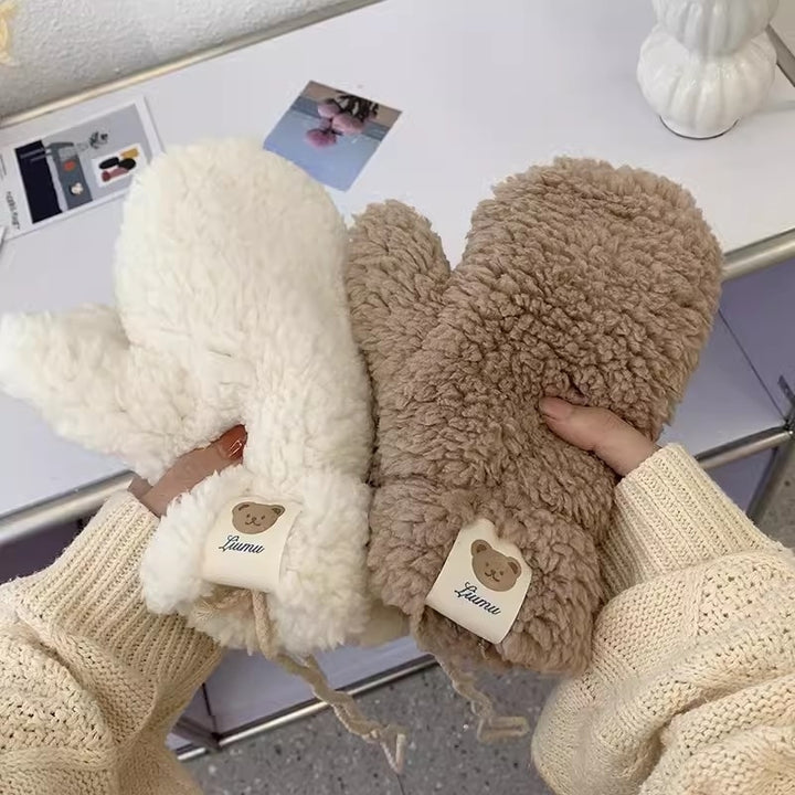 Kawaii Plush Warm Gloves Soft Winter Thick Fingerless Korean Japanese Bear Gloves with Ropes Casual Outdoor Riding Image 6