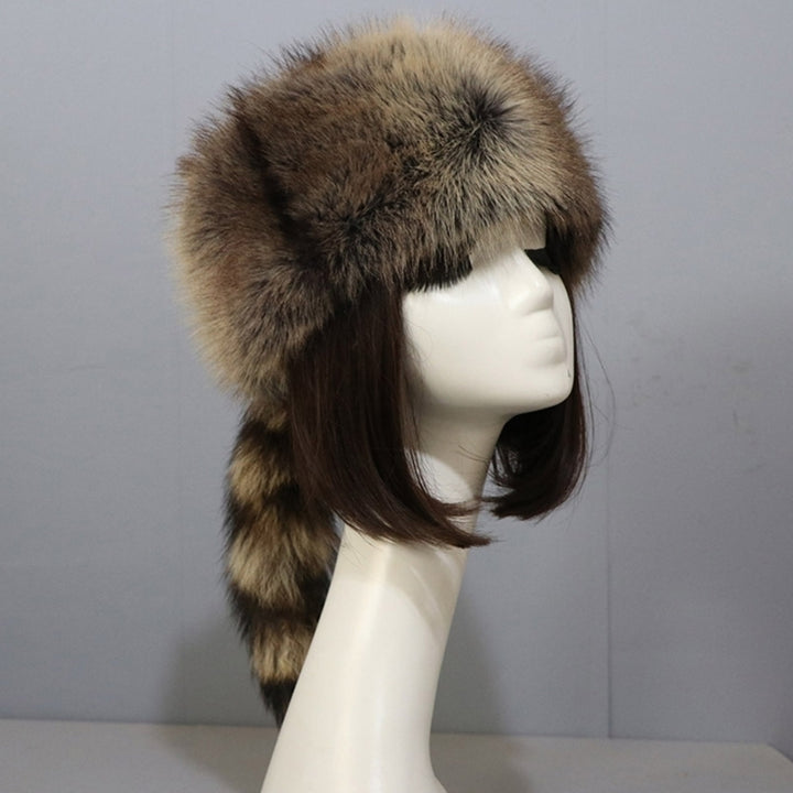 Plush Russian Style Flat Top Hat Winter Mongolian Hat Thicken Plush Raccoon Tail Hat for Adult Teens Keep Warm Hat Image 1