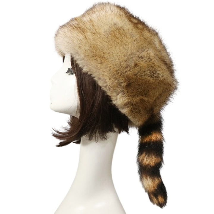 Plush Russian Style Flat Top Hat Winter Mongolian Hat Thicken Plush Raccoon Tail Hat for Adult Teens Keep Warm Hat Image 2