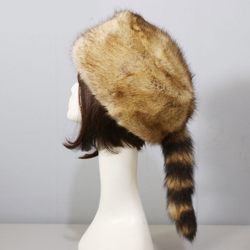 Plush Russian Style Flat Top Hat Winter Mongolian Hat Thicken Plush Raccoon Tail Hat for Adult Teens Keep Warm Hat Image 3