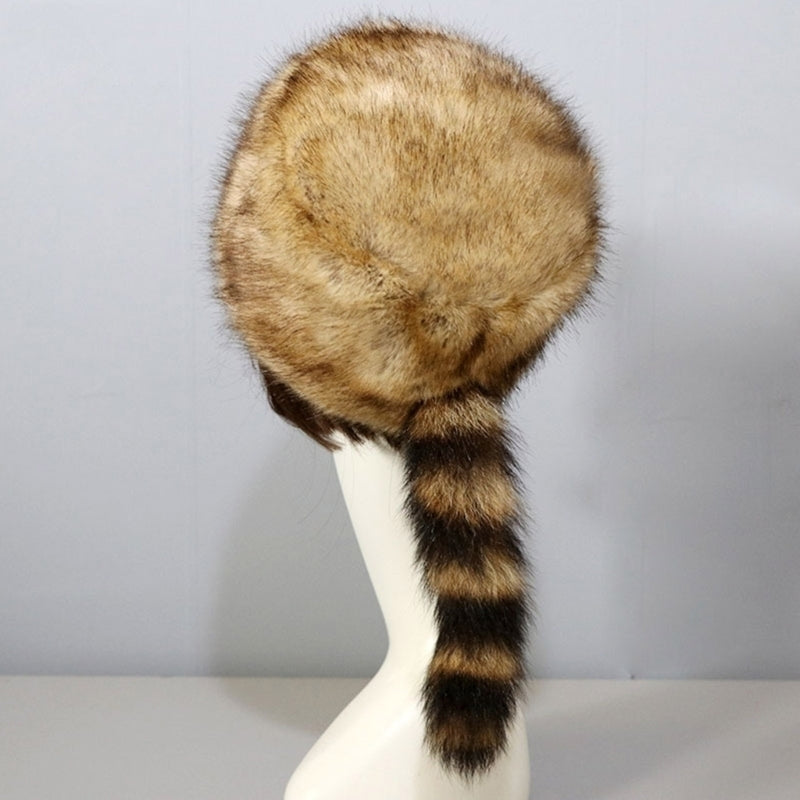 Plush Russian Style Flat Top Hat Winter Mongolian Hat Thicken Plush Raccoon Tail Hat for Adult Teens Keep Warm Hat Image 4