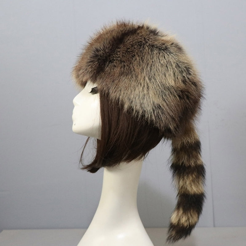 Plush Russian Style Flat Top Hat Winter Mongolian Hat Thicken Plush Raccoon Tail Hat for Adult Teens Keep Warm Hat Image 4