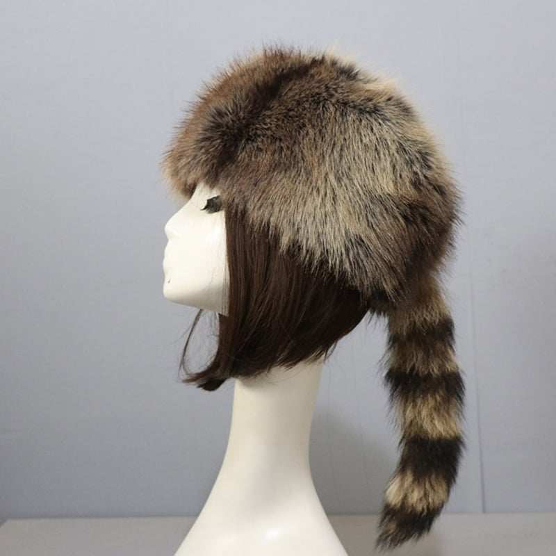 Plush Russian Style Flat Top Hat Winter Mongolian Hat Thicken Plush Raccoon Tail Hat for Adult Teens Keep Warm Hat Image 1