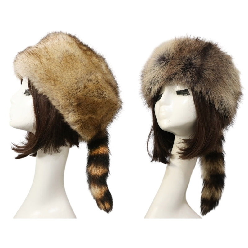 Plush Russian Style Flat Top Hat Winter Mongolian Hat Thicken Plush Raccoon Tail Hat for Adult Teens Keep Warm Hat Image 6