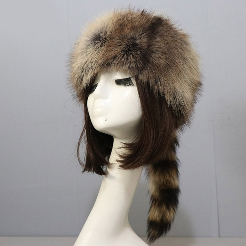 Plush Russian Style Flat Top Hat Winter Mongolian Hat Thicken Plush Raccoon Tail Hat for Adult Teens Keep Warm Hat Image 7