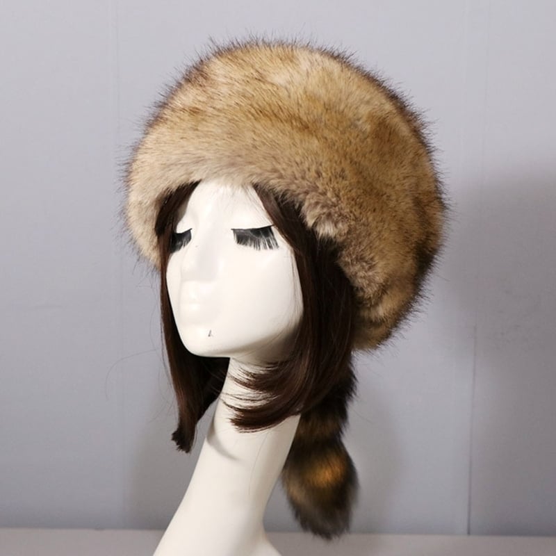 Plush Russian Style Flat Top Hat Winter Mongolian Hat Thicken Plush Raccoon Tail Hat for Adult Teens Keep Warm Hat Image 8