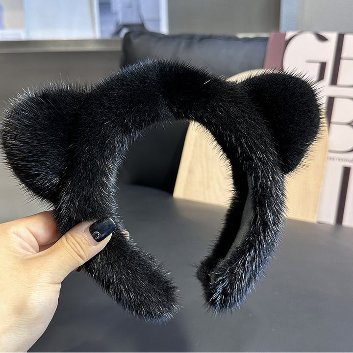 Cute Real Mink faux Cat Ears Headband For Women 100%faux Plush Hair Accessories Solid Head Wraps Luxury Girlfriend Gift Image 4